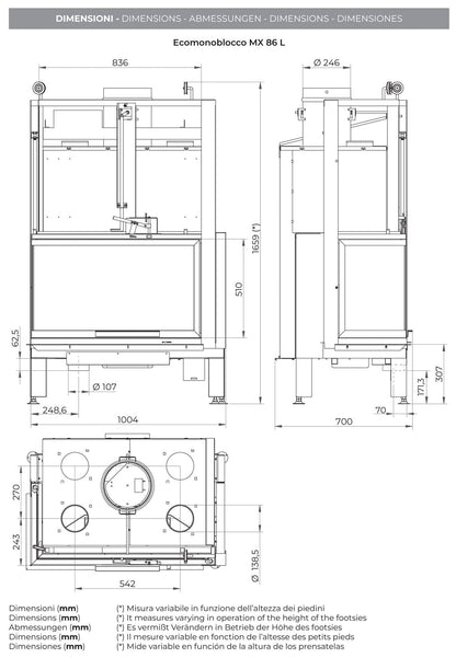 Palazzetti MX 86 L Angolo SX Camino Legna Aria Calda Convezione Circolazione Naturale Canalizzabile Riscaldamento Irraggiamento Potenza 20,4 Kw Apertura Porta Scorrimento Versione Angolare Sinistro Materiale Focolare Ghisa Refrattario Misura 100x67x165 cm