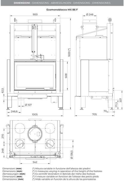 Palazzetti MX 86 F Frontale Camino Ecomonoblocco Legna Aria Calda Convezione Circolazione Naturale Canalizzabile Riscaldamento Irraggiamento Potenza 20,4 kW Apertura Porta Scorrimento Focolare Ghisa Refrattario Aria Comburente Esterno Misura 100x67x165 cm