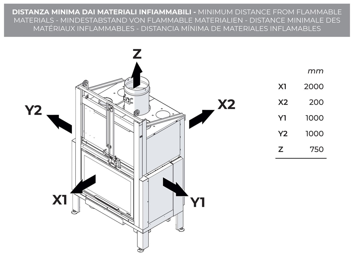 Palazzetti MX 86 F Frontale Camino Ecomonoblocco Legna Aria Calda Convezione Circolazione Naturale Canalizzabile Riscaldamento Irraggiamento Potenza 20,4 kW Apertura Porta Scorrimento Focolare Ghisa Refrattario Aria Comburente Esterno Misura 100x67x165 cm