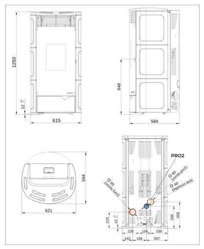 Palazzetti Nadine TC 9 Pro 2 Stufa Pellet Ermetica Aria Calda Ventilata Canalizzata Regolabile Potenza 9,3 Kw 2 Ventilatori Indipendenti Ceramica Caffellatte Uscita Fumi Posteriore Doppia Porta Combustione Totale Pulizia Automatica Braciere L62xP59xH125cm