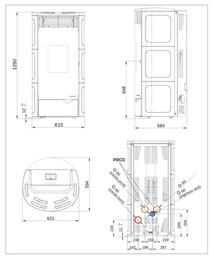 Palazzetti Nadine TC 13 Pro 3 Stufa Pellet Ermetica Aria Calda Ventilata Canalizzata Regolabile Potenza 13 Kw 3 Ventilatori Indipendenti Ceramica Bianco Mat Uscita Fumi Posteriore Doppia Porta Combustione Totale Pulizia Automatica Braciere L62xP59xH125 cm