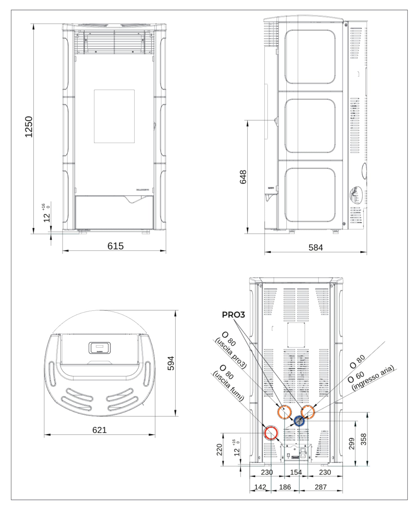 Palazzetti Nadine TC 13 Pro 3 Stufa Pellet Ermetica Aria Calda Ventilata Canalizzata Regolabile Potenza 13Kw 3 Ventilatori Indipendenti Ceramica Caffellatte Uscita Fumi Posteriore Doppia Porta Combustione Totale Pulizia Automatica Braciere L62xP59xH125 cm