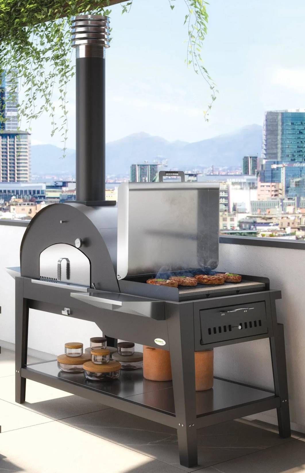 Palazzetti in Giardino Oreste Barbecue Work Station Outdoor Legna Carbonelle Acciaio Inox Nero Piastra Cottura Pietra Lavica Forno Interno Speciale Refrattario Thermofix Camera Combustione Termometro Portina Valvola Deviazione Flusso Fumi 170x83 H260 cm