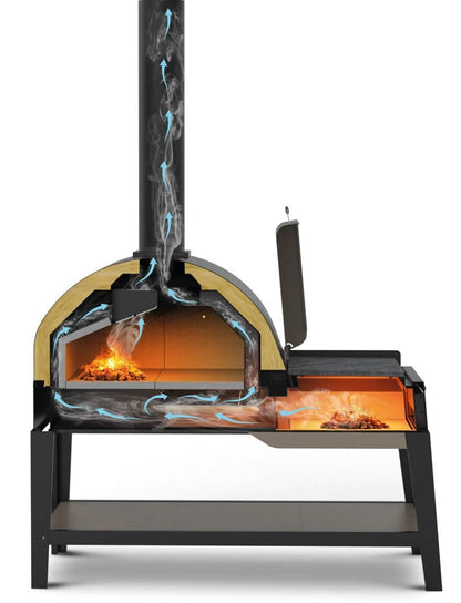 Palazzetti in Giardino Oreste Barbecue Work Station Outdoor Legna Carbonelle Acciaio Inox Nero Piastra Cottura Pietra Lavica Forno Interno Speciale Refrattario Thermofix Camera Combustione Termometro Portina Valvola Deviazione Flusso Fumi 170x83 H260 cm