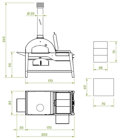 Palazzetti in Giardino Oreste Barbecue Work Station Outdoor Legna Carbonelle Acciaio Inox Nero Piastra Cottura Pietra Lavica Forno Interno Speciale Refrattario Thermofix Camera Combustione Termometro Portina Valvola Deviazione Flusso Fumi 170x83 H260 cm