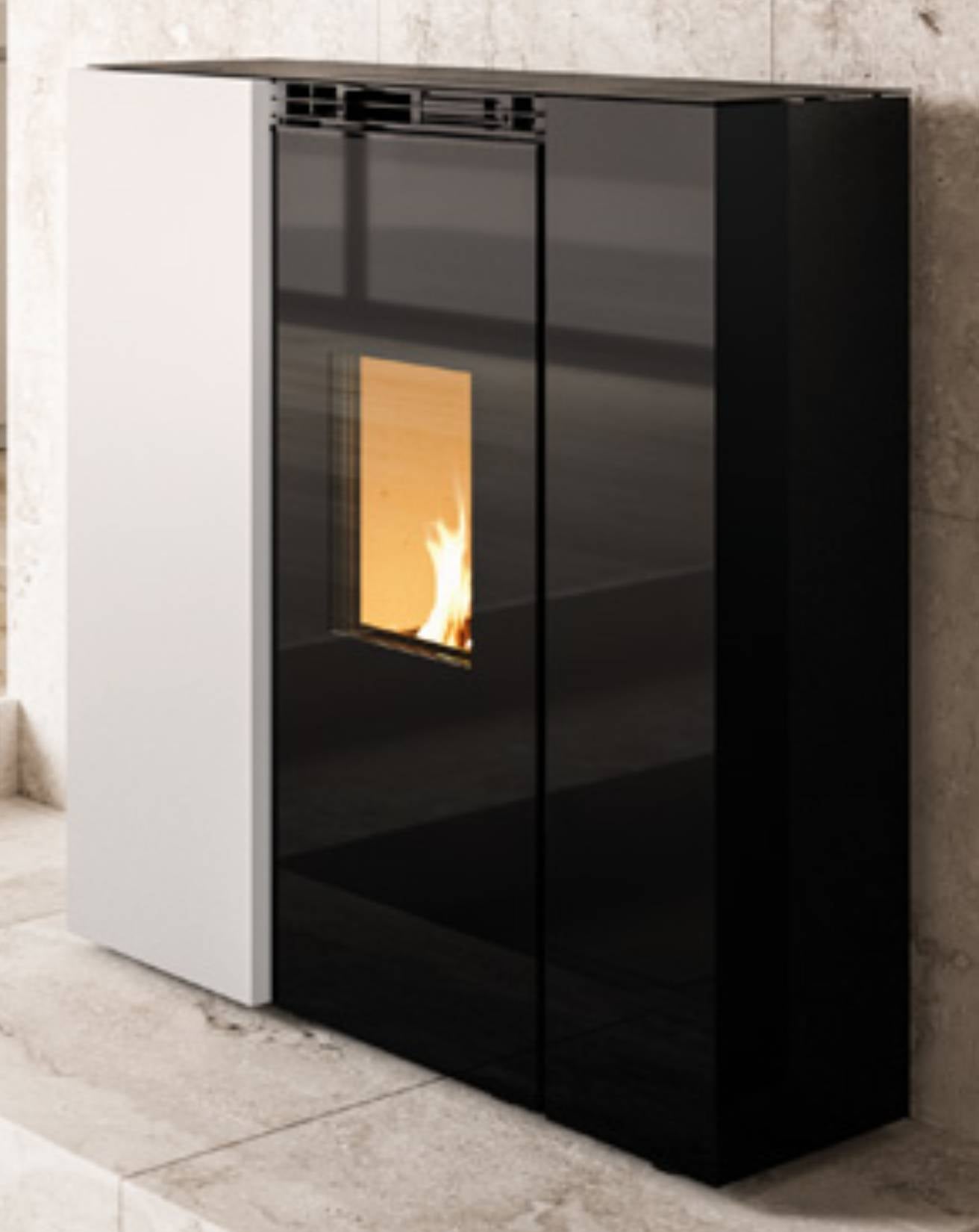 Palazzetti Tiffany Idro V21 TC Termo Stufa Pellet Ermetica Salva Spazio Idro Ventilata Potenza 20,5 Kw Rivestimento Acciaio Bianco Riscaldamento Radiatori Ad Acqua Gruppo Idraulico Uscita Fumi Posteriore Combustione Totale Autopulizia L101xP36xH116 cm