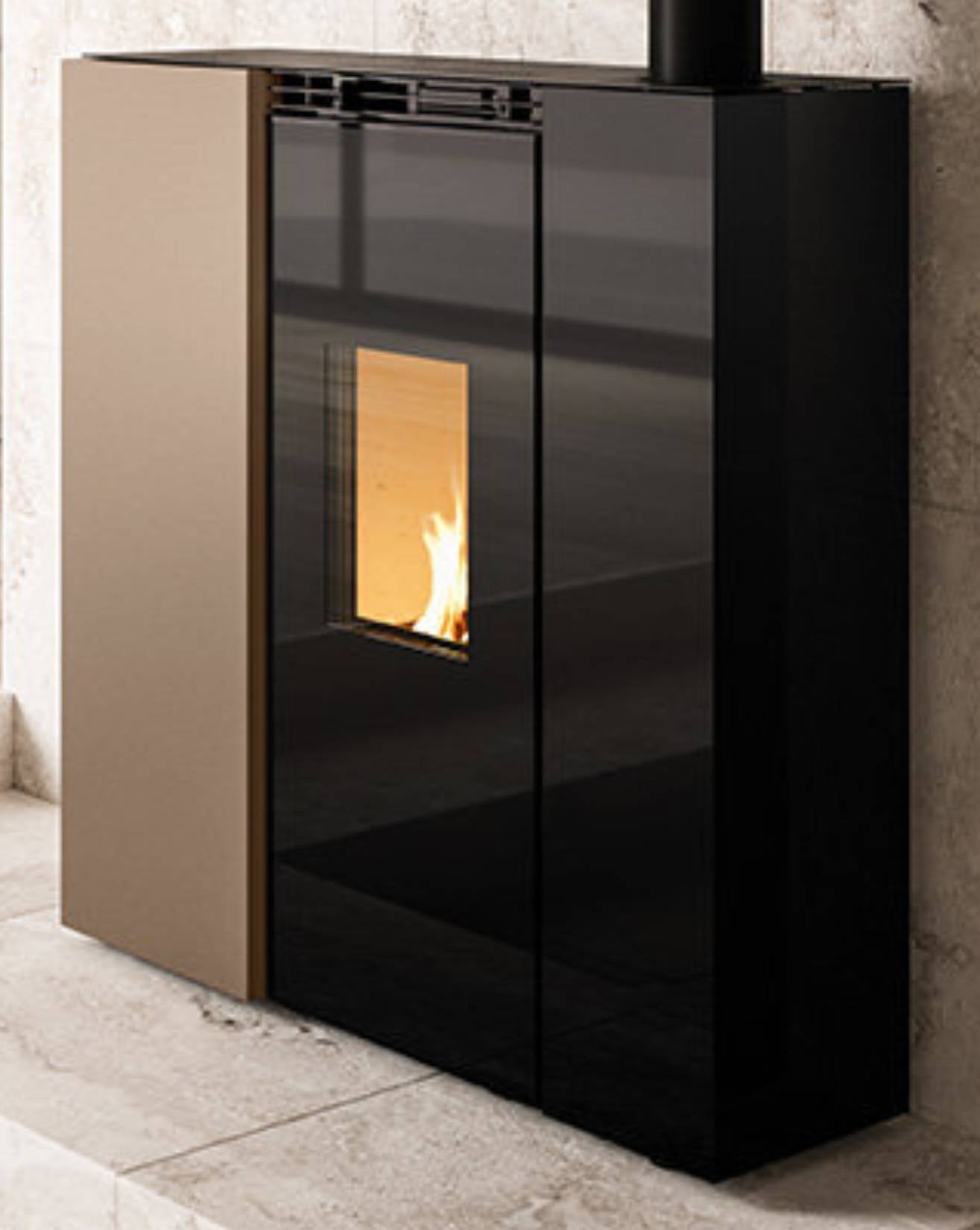 Palazzetti Tiffany Idro V13 TC US Termostufa Pellet Ermetica Salva Spazio Idro Ventilata Potenza 13 Kw Rivestimento Acciaio Caffellatte Riscaldamento Radiatori Acqua Gruppo Idraulico Uscita Fumi Superiore Combustione Totale Autopulizia L101xP36xH116 cm