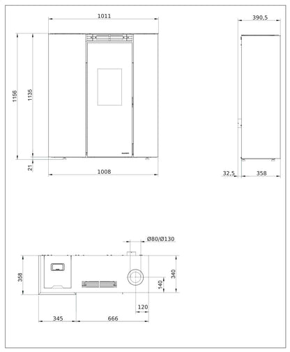 Palazzetti Tiffany Idro V13 TC US Termostufa Pellet Ermetica Salva Spazio Idro Ventilata Potenza 13 Kw Rivestimento Acciaio Caffellatte Riscaldamento Radiatori Acqua Gruppo Idraulico Uscita Fumi Superiore Combustione Totale Autopulizia L101xP36xH116 cm