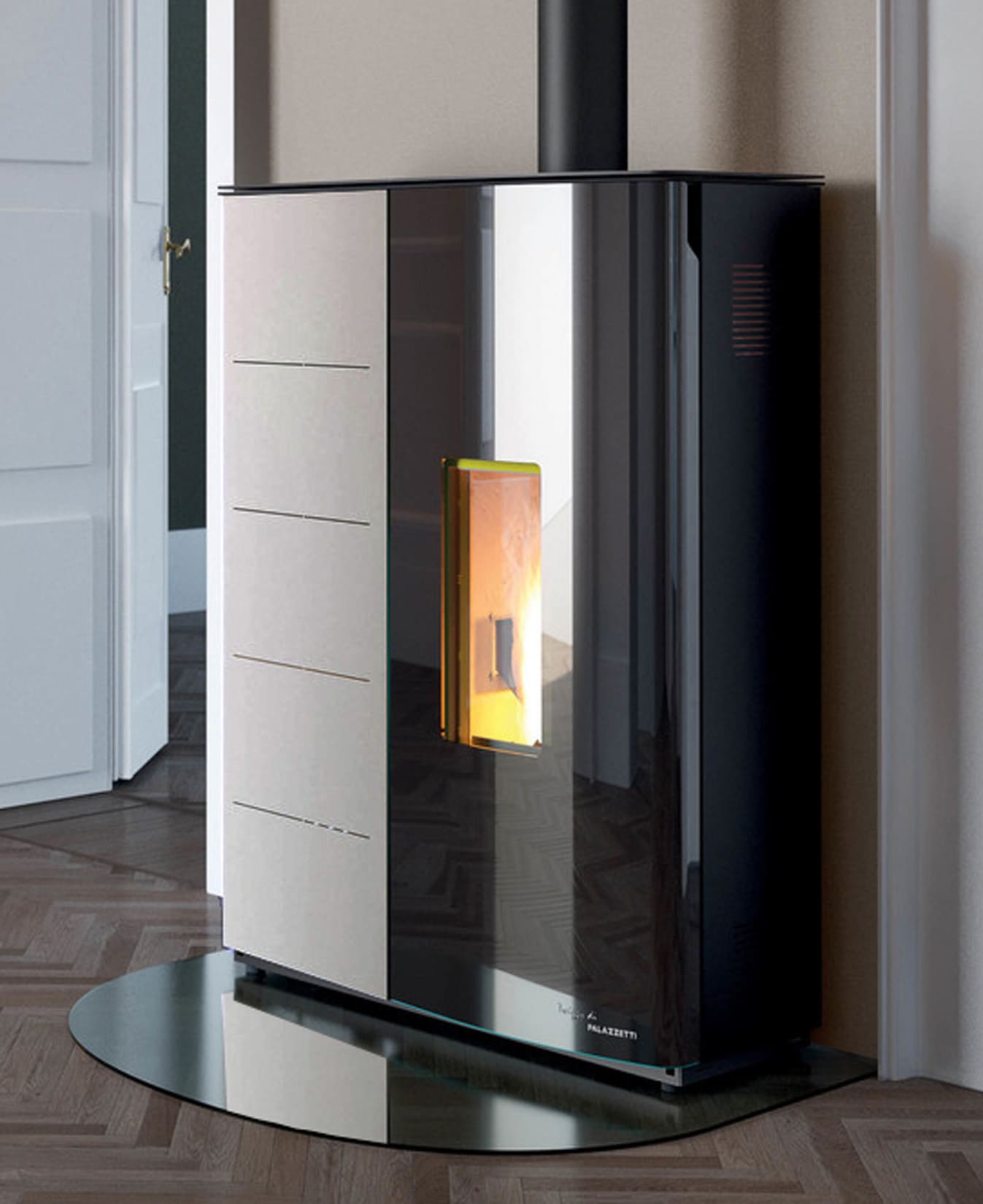 Palazzetti Twiggy 10 US Stufa Pellet Slim Ermetica Aria Ventilata Canalizzata Potenza 10 Kw Rivestimento Acciaio Bianco Uscita Fumi Superiore Coassiale Doppia Porta Vetro Ceramico Pannello Digitale Programma Fasce Orarie Braciere Ghisa Cassetto Cenere