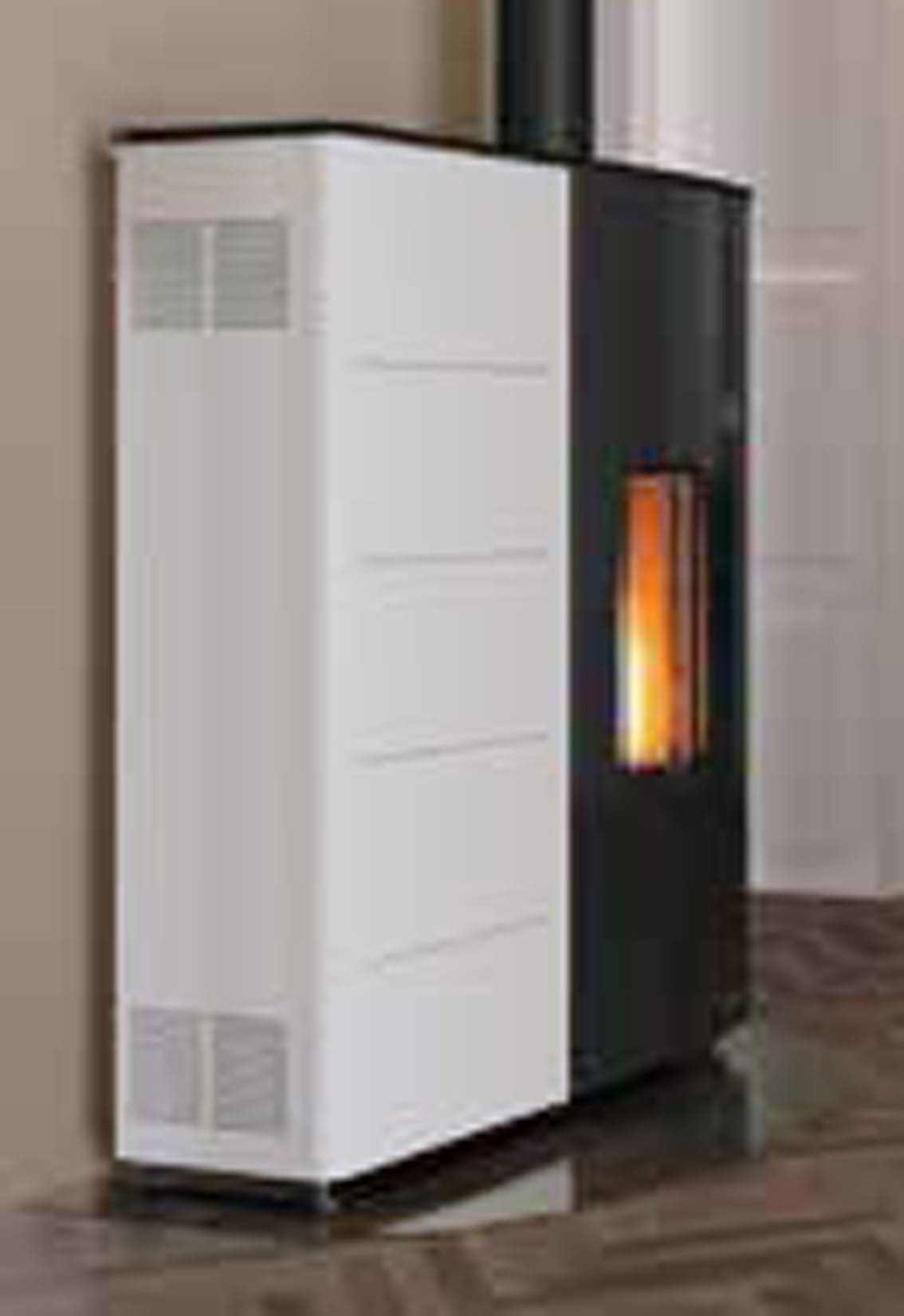 Palazzetti Twiggy 10 US Stufa Pellet Slim Ermetica Aria Ventilata Canalizzata Potenza 10 Kw Rivestimento Acciaio Bianco Uscita Fumi Superiore Coassiale Doppia Porta Vetro Ceramico Pannello Digitale Programma Fasce Orarie Braciere Ghisa Cassetto Cenere