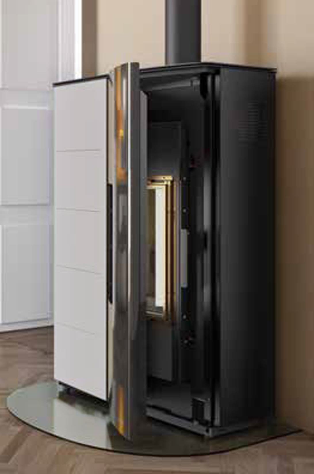 Palazzetti Twiggy 10 US Stufa Pellet Slim Ermetica Aria Ventilata Canalizzata Potenza 10 Kw Rivestimento Acciaio Bianco Uscita Fumi Superiore Coassiale Doppia Porta Vetro Ceramico Pannello Digitale Programma Fasce Orarie Braciere Ghisa Cassetto Cenere