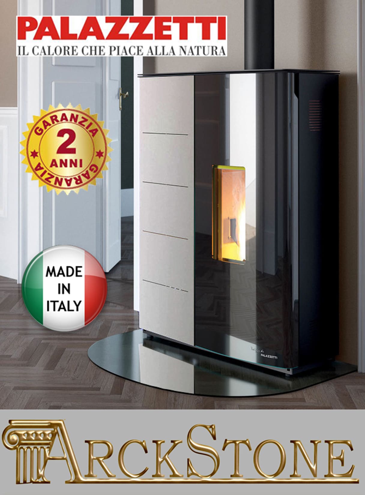 Palazzetti Twiggy 10 US Stufa Pellet Slim Ermetica Aria Ventilata Canalizzata Potenza 10 Kw Rivestimento Acciaio Bianco Uscita Fumi Superiore Coassiale Doppia Porta Vetro Ceramico Pannello Digitale Programma Fasce Orarie Braciere Ghisa Cassetto Cenere