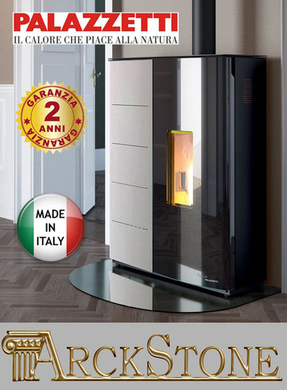 Palazzetti Twiggy 10 US Stufa Pellet Slim Ermetica Aria Ventilata Canalizzata Potenza 10 Kw Rivestimento Acciaio Bianco Uscita Fumi Superiore Coassiale Doppia Porta Vetro Ceramico Pannello Digitale Programma Fasce Orarie Braciere Ghisa Cassetto Cenere