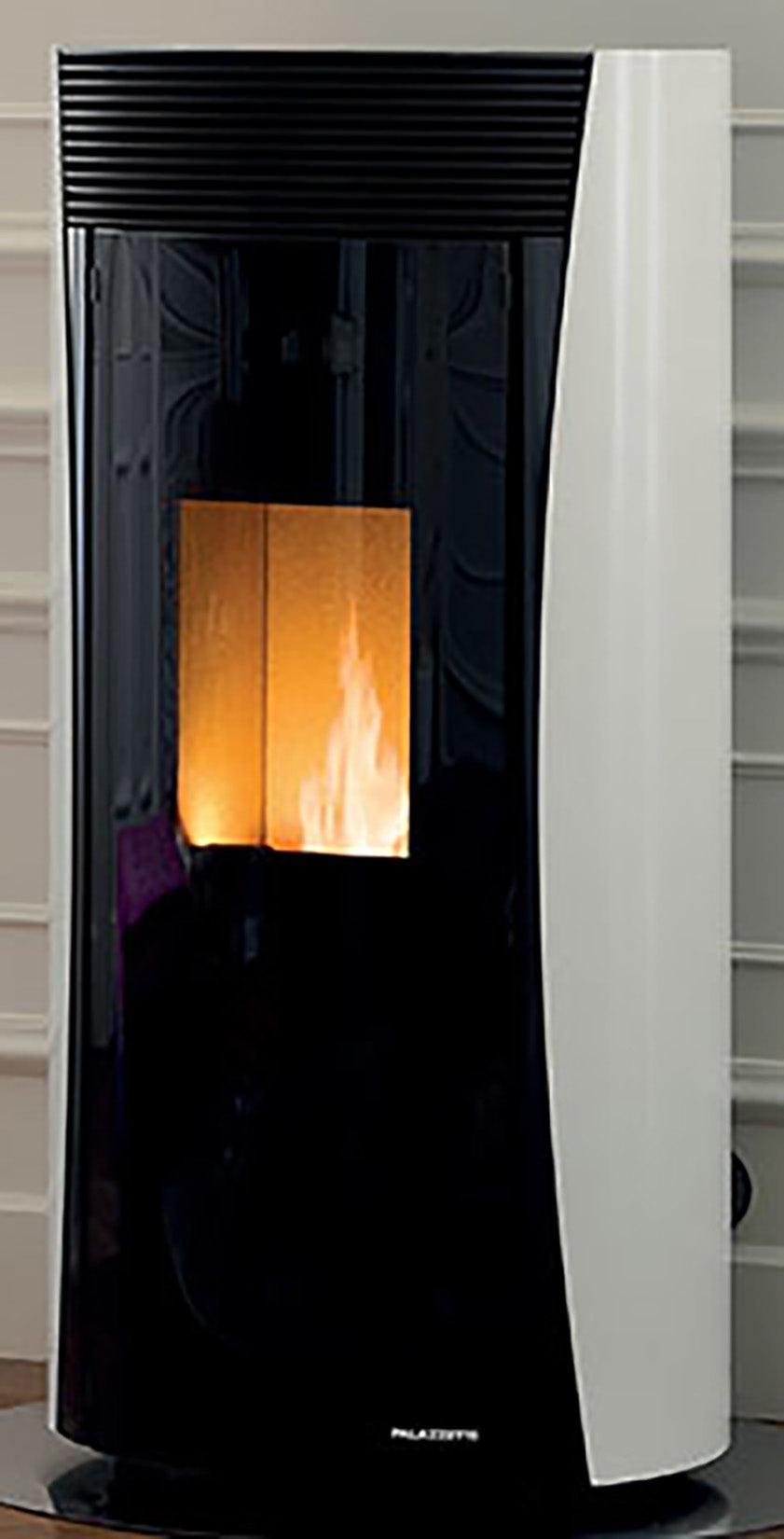 Palazzetti Vivienne TC 13 Stufa Pellet Ermetica Aria Ventilata Regolabile Potenza 13 Kw Acciaio Bianco Forma Circolare Uscita Fumi Posteriore Porta Doppio Vetro Pannello Digitale Controllo Sfioro Combustione Totale Auto Pulizia Braciere Cassetto Cenere