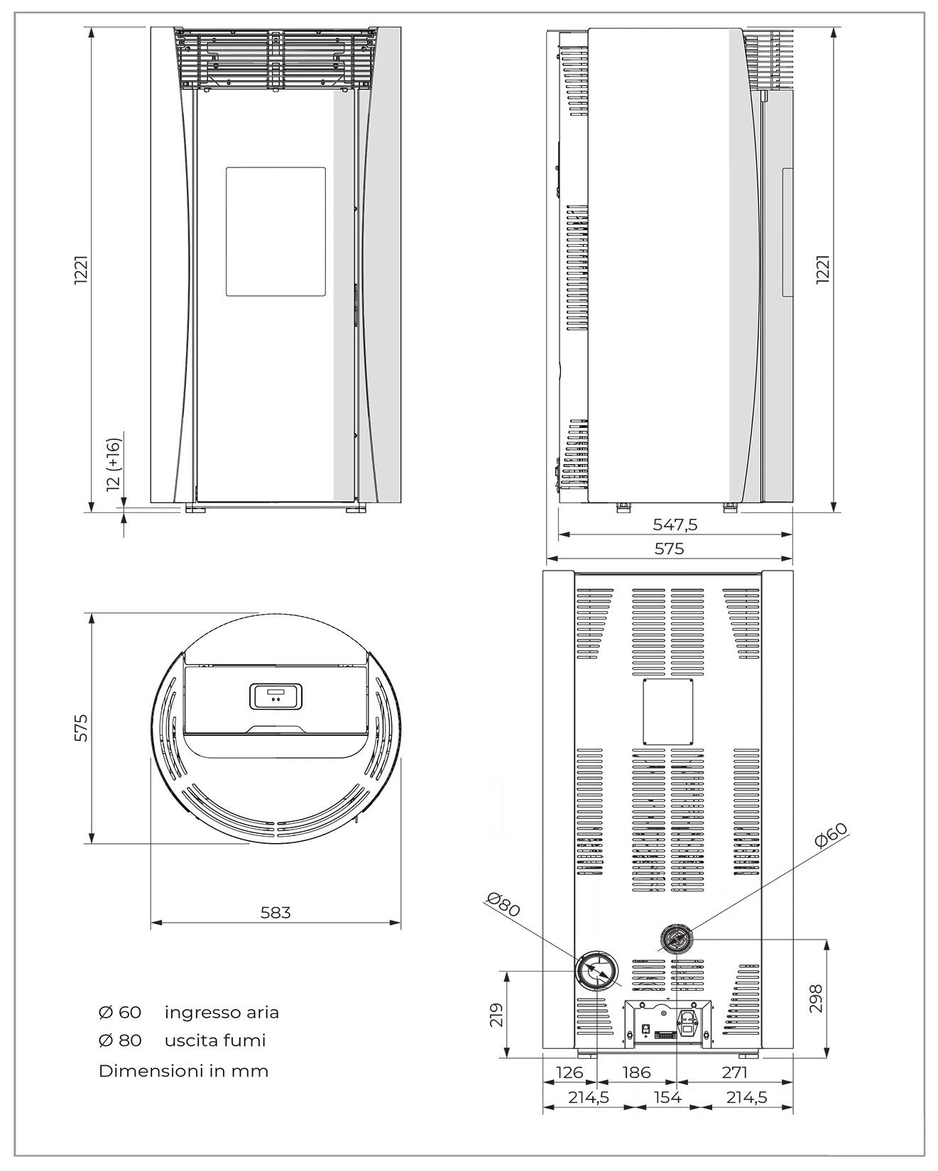 Palazzetti Vivienne TC 13 Stufa Pellet Ermetica Aria Ventilata Regolabile Potenza 13 Kw Acciaio Bianco Forma Circolare Uscita Fumi Posteriore Porta Doppio Vetro Pannello Digitale Controllo Sfioro Combustione Totale Auto Pulizia Braciere Cassetto Cenere