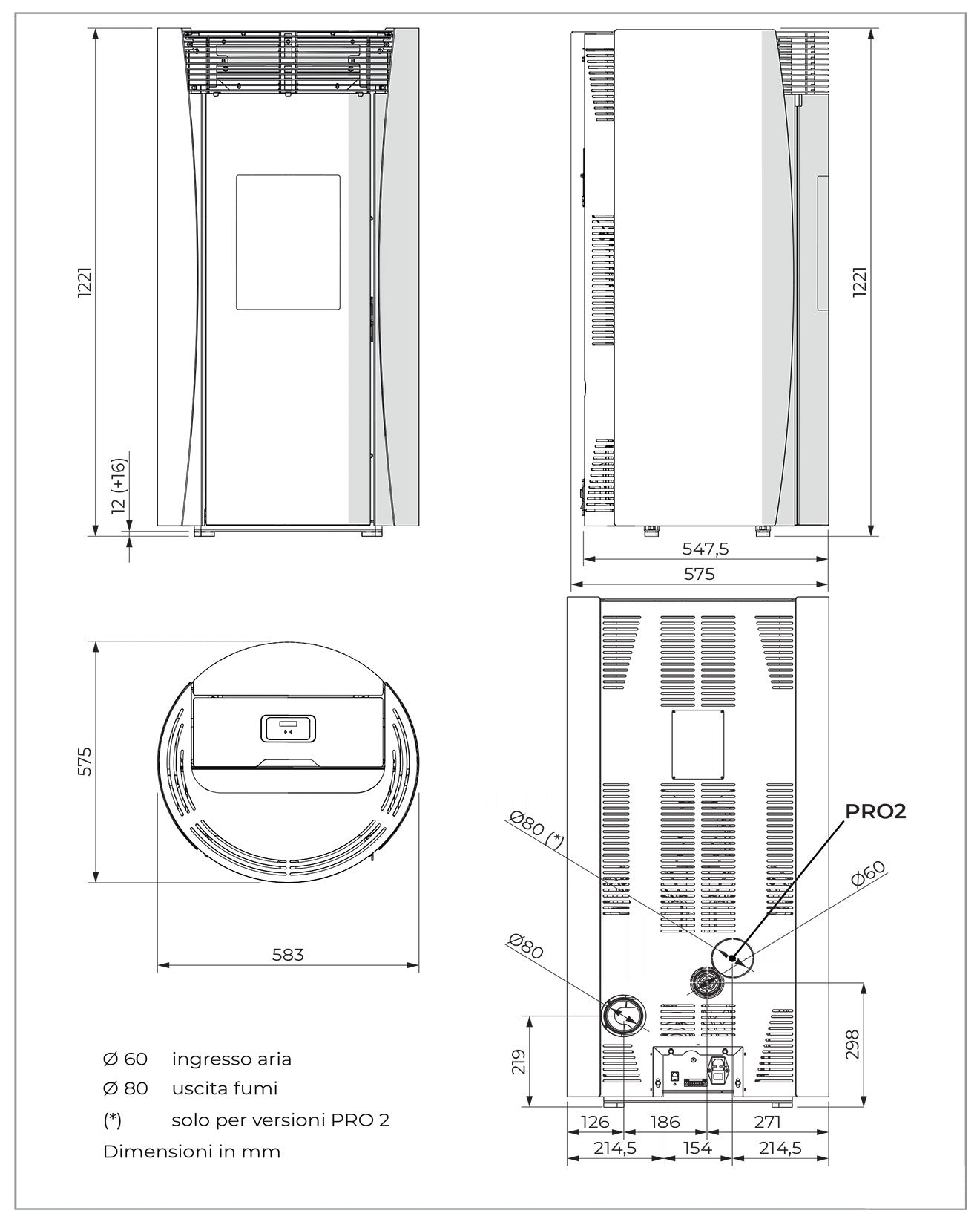 Palazzetti Vivienne TC 9 Pro 2 Stufa Pellet Ermetica Aria Ventilata Canalizzata Regolabile Potenza 9,3 Kw 2 Ventilatori Indipendenti Acciaio Nero Forma Circolare Uscita Fumi Posteriore Porta Doppio Vetro Combustione Totale Auto Pulizia Braciere Cassetto