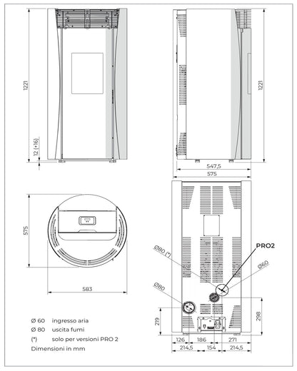 Palazzetti Vivienne TC 9 Pro 2 Stufa Pellet Ermetica Aria Ventilata Canalizzata Regolabile Potenza 9,3 Kw 2 Ventilatori Indipendenti Acciaio Bianco Forma Circolare Uscita Fumi Posteriore Porta Doppio Vetro Combustione Totale Auto Pulizia Braciere Cassetto