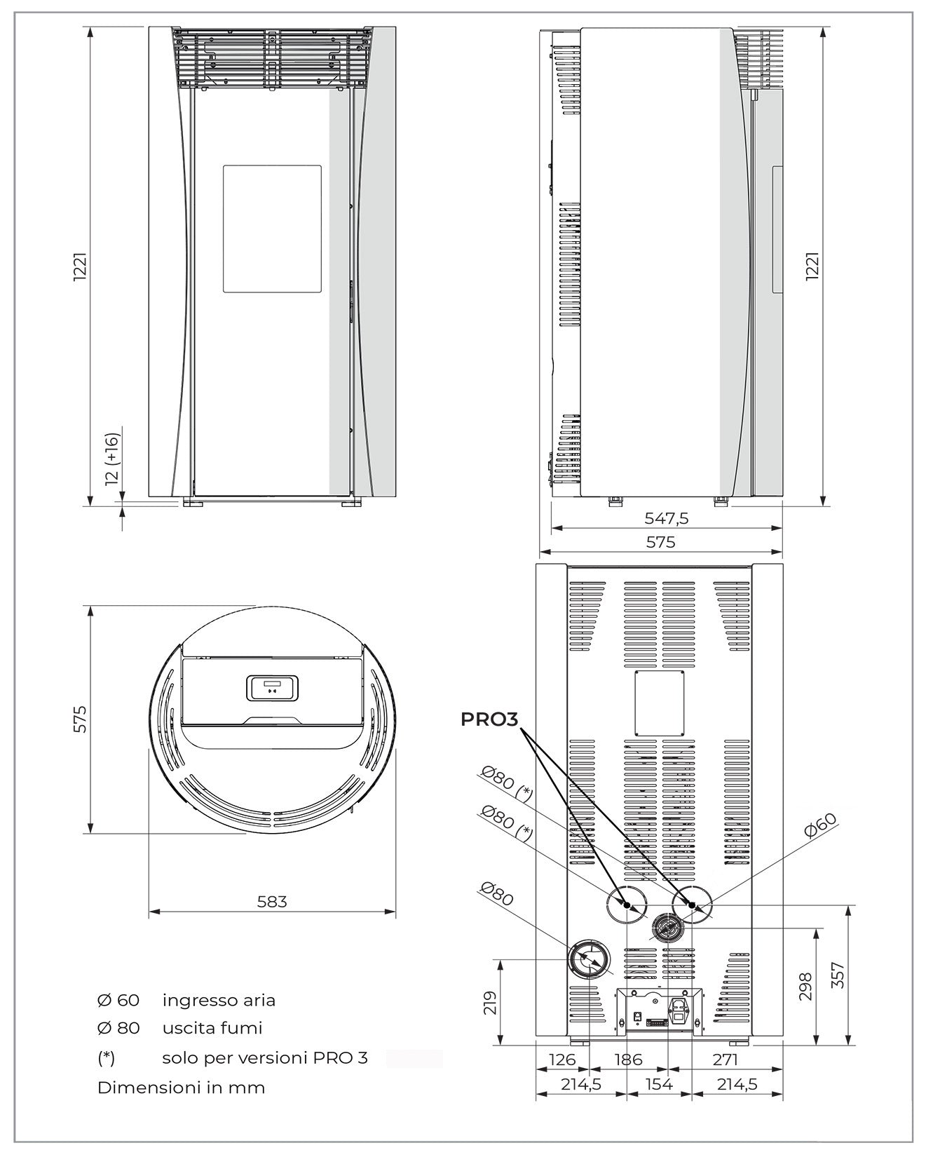 Palazzetti Vivienne TC 13 Pro 3 Stufa Pellet Ermetica Aria Ventilata Canalizzata Regolabile Potenza 13 Kw 3 Ventilatori Indipendenti Acciaio Moka Forma Circolare Uscita Fumi Posteriore Porta Doppio Vetro Combustione Totale Auto Pulizia Braciere Cassetto