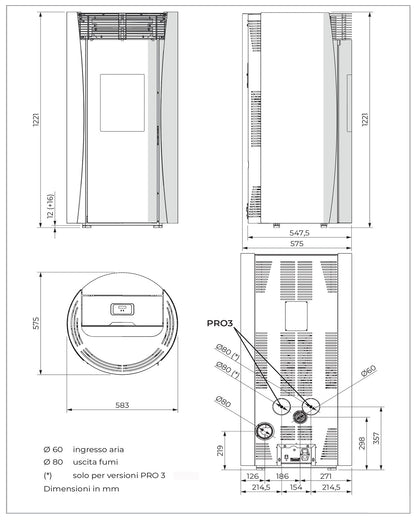 Palazzetti Vivienne TC 13 Pro 3 Stufa Pellet Ermetica Aria Ventilata Canalizzata Regolabile Potenza 13 Kw 3 Ventilatori Indipendenti Acciaio Nero Forma Circolare Uscita Fumi Posteriore Porta Doppio Vetro Combustione Totale Auto Pulizia Braciere Cassetto