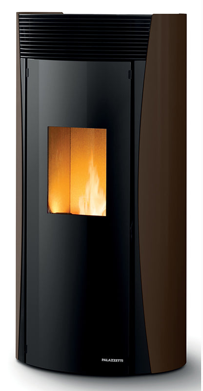 Palazzetti Vivienne TC 13 Stufa Pellet Ermetica Aria Calda Ventilata Regolabile Potenza 13Kw Acciaio Moka Forma Circolare Uscita Fumi Posteriore Porta Doppio Vetro Pannello Digitale Controllo Sfioro Combustione Totale Auto Pulizia Braciere Cassetto Cenere