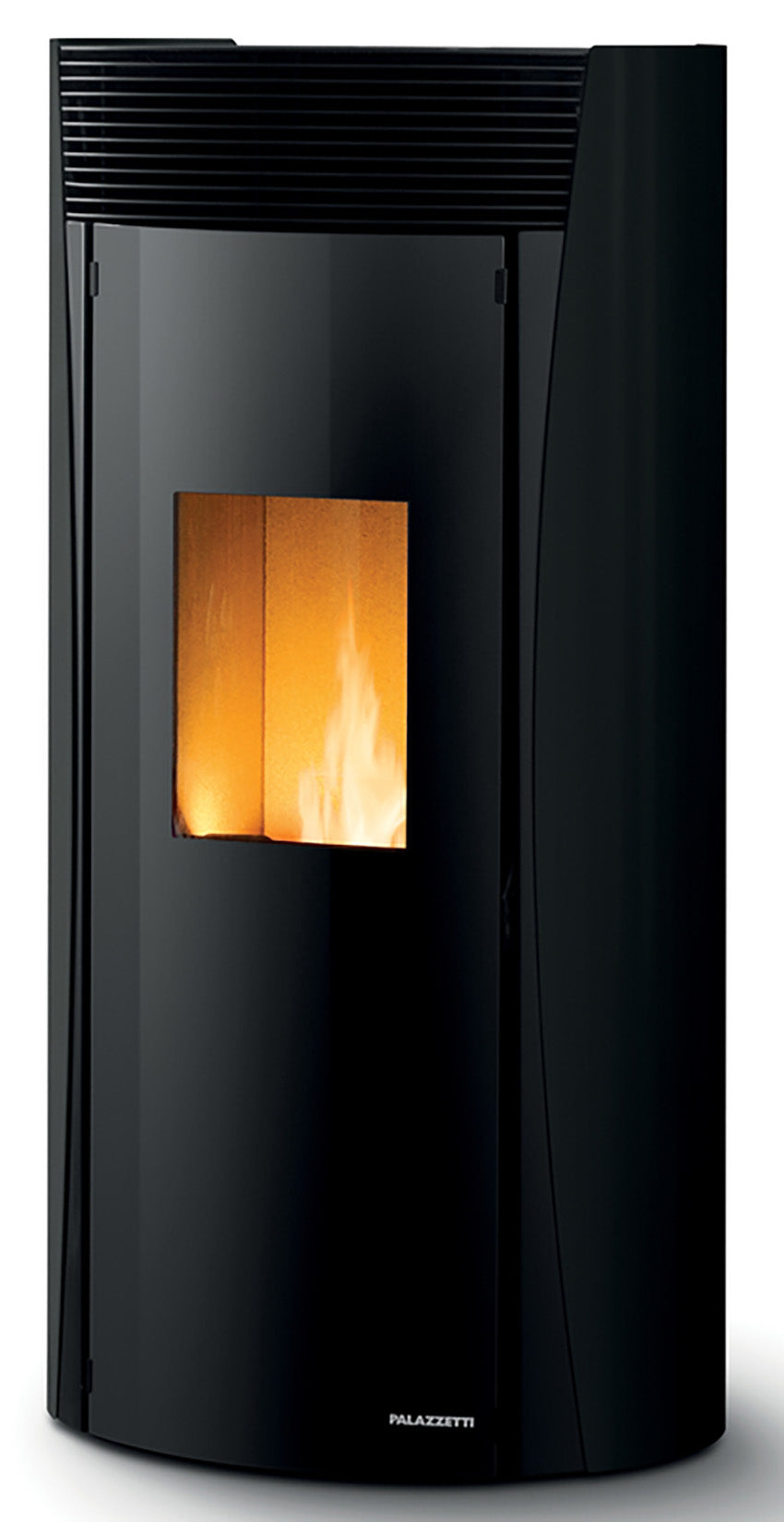 Palazzetti Vivienne TC 9 Stufa Pellet Ermetica Aria Calda Ventilata Regolabile Potenza 9,3Kw Acciaio Nero Forma Circolare Uscita Fumi Posteriore Porta Doppio Vetro Pannello Digitale Controllo Sfioro Combustione Totale Auto Pulizia Braciere Cassetto Cenere