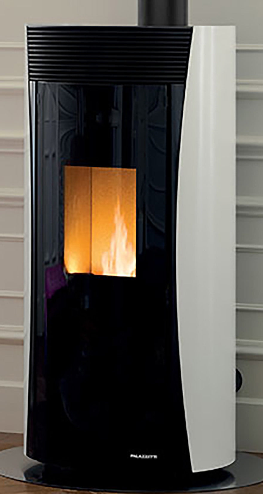 Palazzetti Vivienne TC 9 Us Stufa Pellet Ermetica Aria Calda Ventilata Regolabile Potenza 9,3 Kw Acciaio Bianco Forma Circolare Uscita Fumi Superiore Porta Doppio Vetro Pannello Digitale Controllo Sfioro Combustione Totale Auto Pulizia Braciere Cassetto