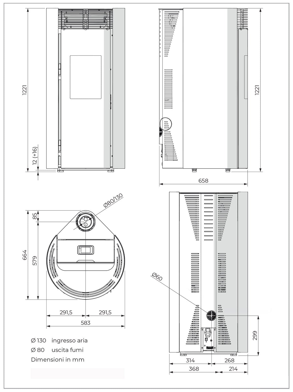 Palazzetti Vivienne TC 12 Us Stufa Pellet Ermetica Aria Calda Ventilata Regolabile Potenza 12 Kw Acciaio Moka Forma Circolare Uscita Fumi Superiore Porta Doppio Vetro Pannello Digitale Controllo Sfioro Combustione Totale Auto Pulizia Braciere Cassetto
