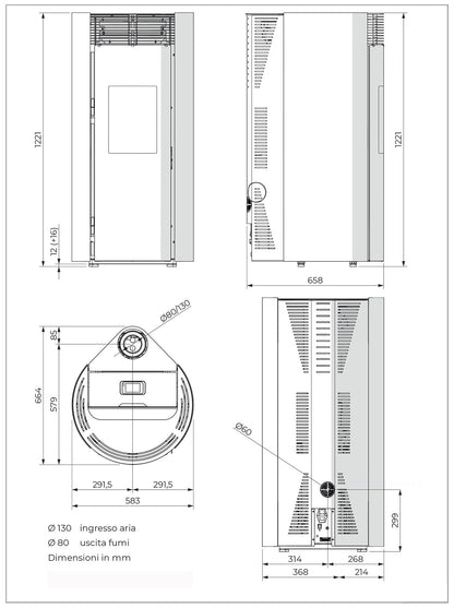 Palazzetti Vivienne TC 12 Us Stufa Pellet Ermetica Aria Calda Ventilata Regolabile Potenza 12 Kw Acciaio Moka Forma Circolare Uscita Fumi Superiore Porta Doppio Vetro Pannello Digitale Controllo Sfioro Combustione Totale Auto Pulizia Braciere Cassetto
