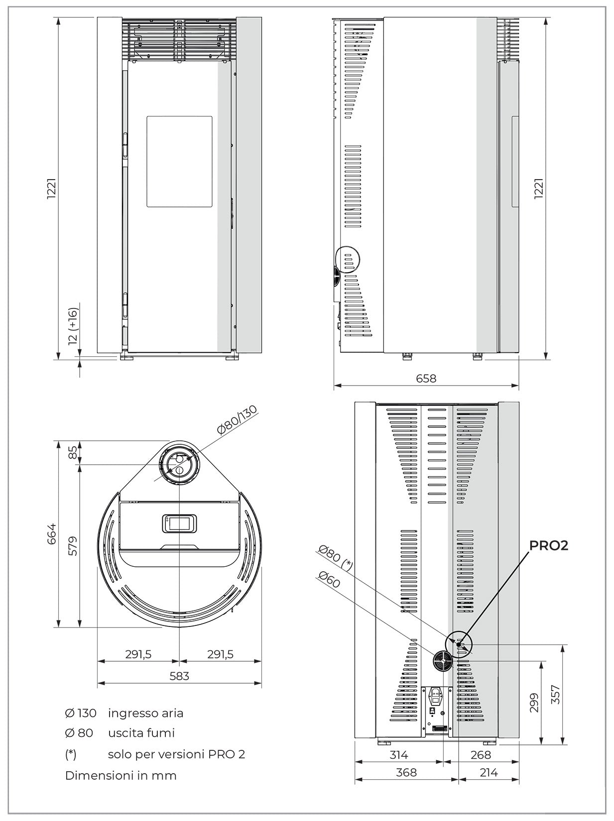 Palazzetti Vivienne TC 9 Us Pro 2 Stufa Pellet Ermetica Aria Ventilata Canalizzata Regolabile Potenza 9,3 Kw 2 Ventilatori Indipendenti Acciaio Moka Forma Circolare Uscita Fumi Superiore Porta Doppio Vetro Combustione Totale Auto Pulizia Braciere Cassetto