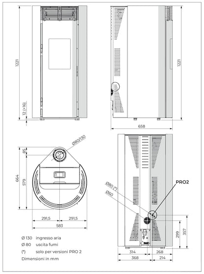 Palazzetti Vivienne TC 9 Us Pro 2 Stufa Pellet Ermetica Aria Ventilata Canalizzata Regolabile Potenza 9,3 Kw 2 Ventilatori Indipendenti Acciaio Moka Forma Circolare Uscita Fumi Superiore Porta Doppio Vetro Combustione Totale Auto Pulizia Braciere Cassetto