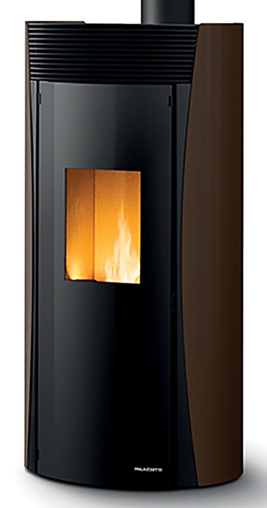 Palazzetti Vivienne TC 12 Us Stufa Pellet Ermetica Aria Calda Ventilata Regolabile Potenza 12 Kw Acciaio Moka Forma Circolare Uscita Fumi Superiore Porta Doppio Vetro Pannello Digitale Controllo Sfioro Combustione Totale Auto Pulizia Braciere Cassetto