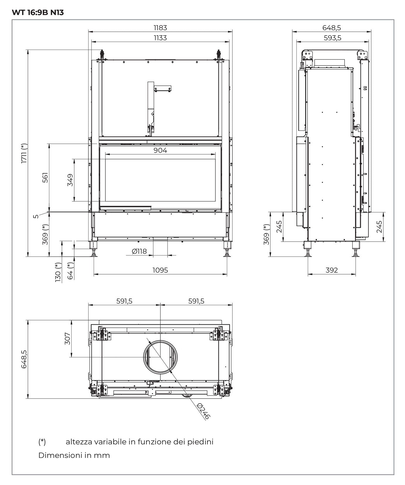 Palazzetti Ecomonoblocco WT 16:9B N13 Camino Caminetto Legna Aria Calda Convezione Naturale Irraggiamento Potenza 13,5 Kw Bifacciale Focolare Refrattario Thermofix® Anta Scorrevole Cassetto Cenere Valvola By-Pass O2Ring Portalegna Ghisa 125x65x171 cm