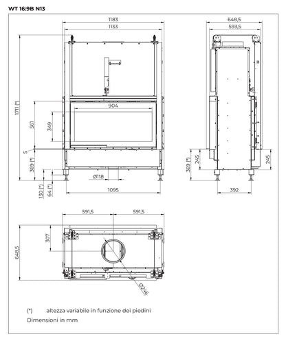 Palazzetti Ecomonoblocco WT 16:9B N13 Camino Caminetto Legna Aria Calda Convezione Naturale Irraggiamento Potenza 13,5 Kw Bifacciale Focolare Refrattario Thermofix® Anta Scorrevole Cassetto Cenere Valvola By-Pass O2Ring Portalegna Ghisa 125x65x171 cm