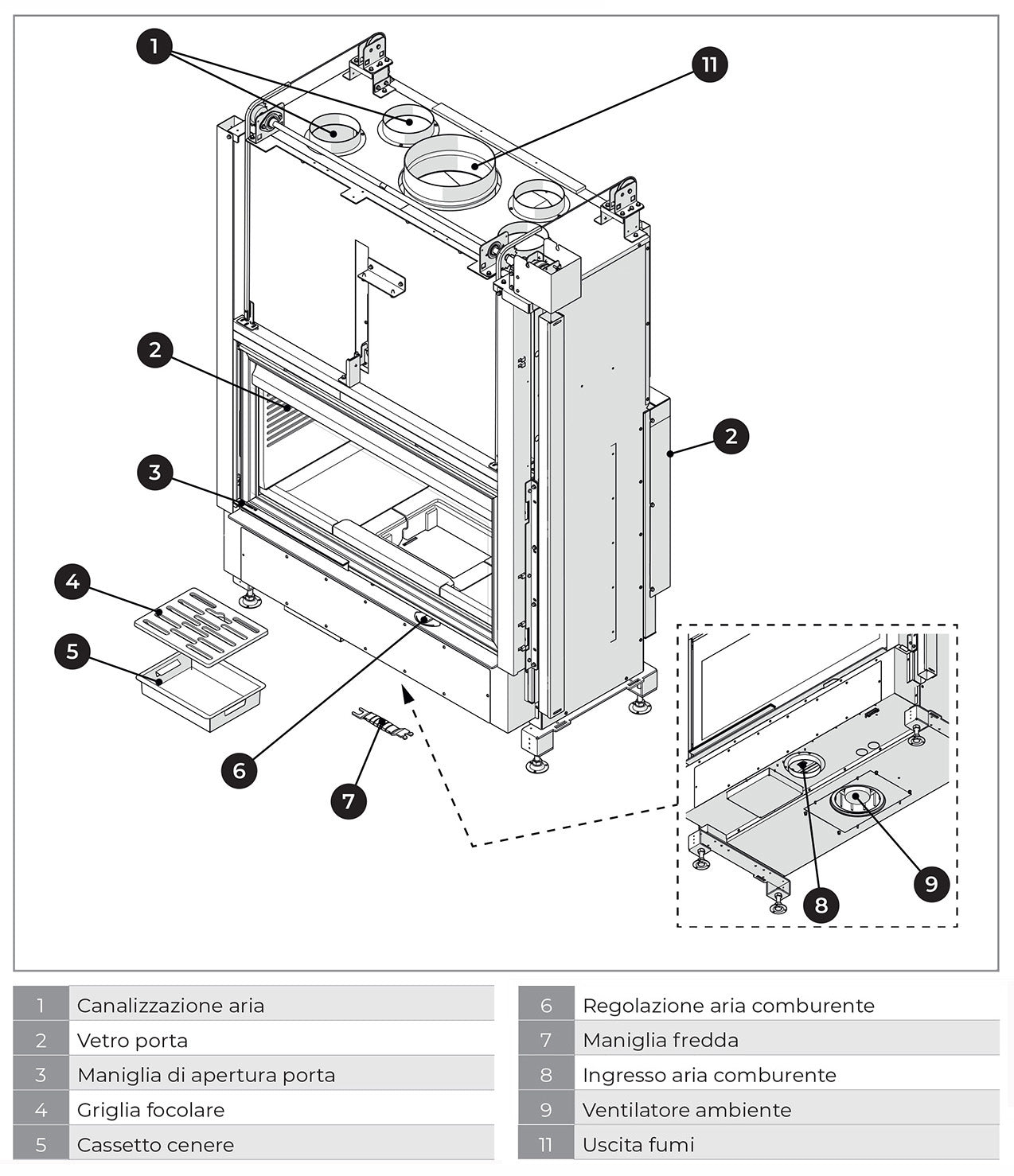 Palazzetti Ecomonoblocco WT 16:9B V13 Camino Caminetto Legna Aria Calda Convezione Ventilata Canalizzata Potenza 13,5 Kw Bifacciale Focolare Refrattario Thermofix® Anta Scorrevole Cassetto Cenere Valvola By-Pass O2Ring Portalegna Ghisa 125x65x171 cm