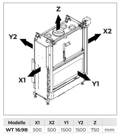 Palazzetti Ecomonoblocco WT 16:9B V13 Camino Caminetto Legna Aria Calda Convezione Ventilata Canalizzata Potenza 13,5 Kw Bifacciale Focolare Refrattario Thermofix® Anta Scorrevole Cassetto Cenere Valvola By-Pass O2Ring Portalegna Ghisa 125x65x171 cm