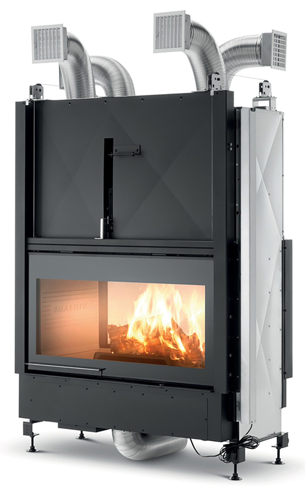 Palazzetti Ecomonoblocco WT 16:9B V13 EPlus Camino Caminetto Legna Aria Calda Convezione Ventilata Canalizzata Potenza 13,5 Kw Bifacciale Focolare Refrattario Thermofix® Anta Scorrevole Motorizzata Cassetto Valvola By-Pass O2Ring Portalegna 125x65x171 cm