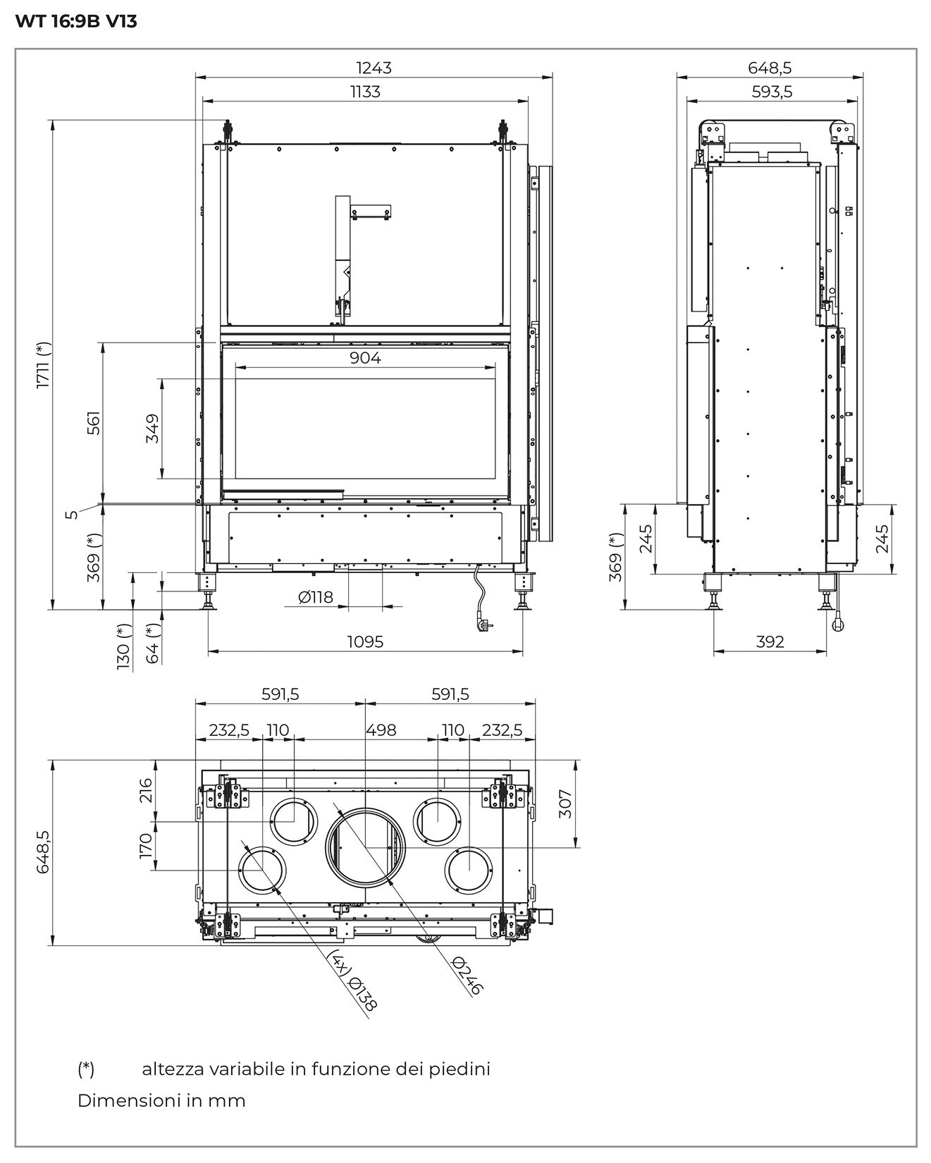 Palazzetti Ecomonoblocco WT 16:9B V13 Camino Caminetto Legna Aria Calda Convezione Ventilata Canalizzata Potenza 13,5 Kw Bifacciale Focolare Refrattario Thermofix® Anta Scorrevole Cassetto Cenere Valvola By-Pass O2Ring Portalegna Ghisa 125x65x171 cm