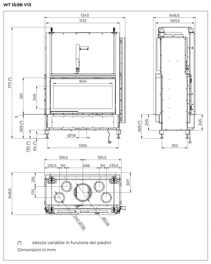 Palazzetti Ecomonoblocco WT 16:9B V13 Camino Caminetto Legna Aria Calda Convezione Ventilata Canalizzata Potenza 13,5 Kw Bifacciale Focolare Refrattario Thermofix® Anta Scorrevole Cassetto Cenere Valvola By-Pass O2Ring Portalegna Ghisa 125x65x171 cm