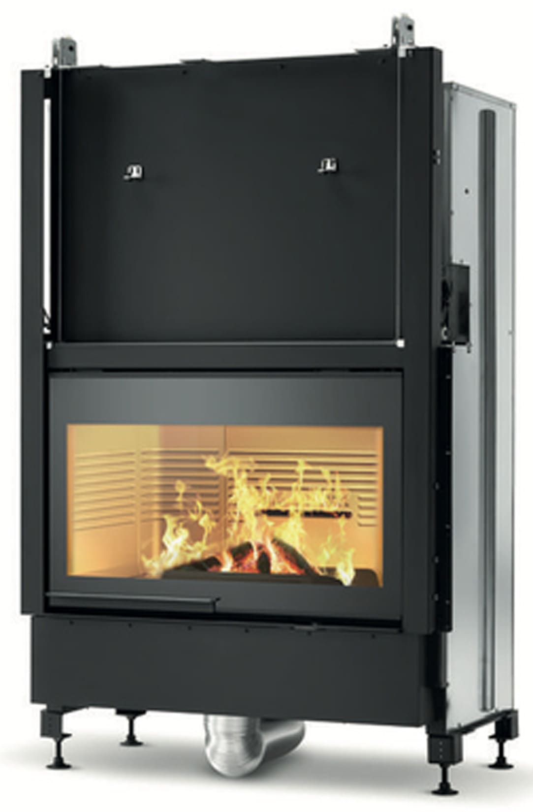 Palazzetti WT 16:9F V12 EPlus Frontale Camino Ecomonoblocco Legna Riscaldamento Aria Calda Ventilata Canalizzata Potenza 14,2 Kw Apertura Porta Scorrimento Ribalta Motorizzata Focolare Refrattario O2ring Portalegna Comburente Esterno Misura 116x63x172 cm