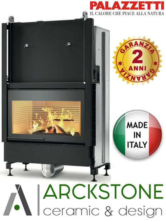 Palazzetti WT 16:9F V12 EPlus Frontale Camino Ecomonoblocco Legna Riscaldamento Aria Calda Ventilata Canalizzata Potenza 14,2 Kw Apertura Porta Scorrimento Ribalta Motorizzata Focolare Refrattario O2ring Portalegna Comburente Esterno Misura 116x63x172 cm