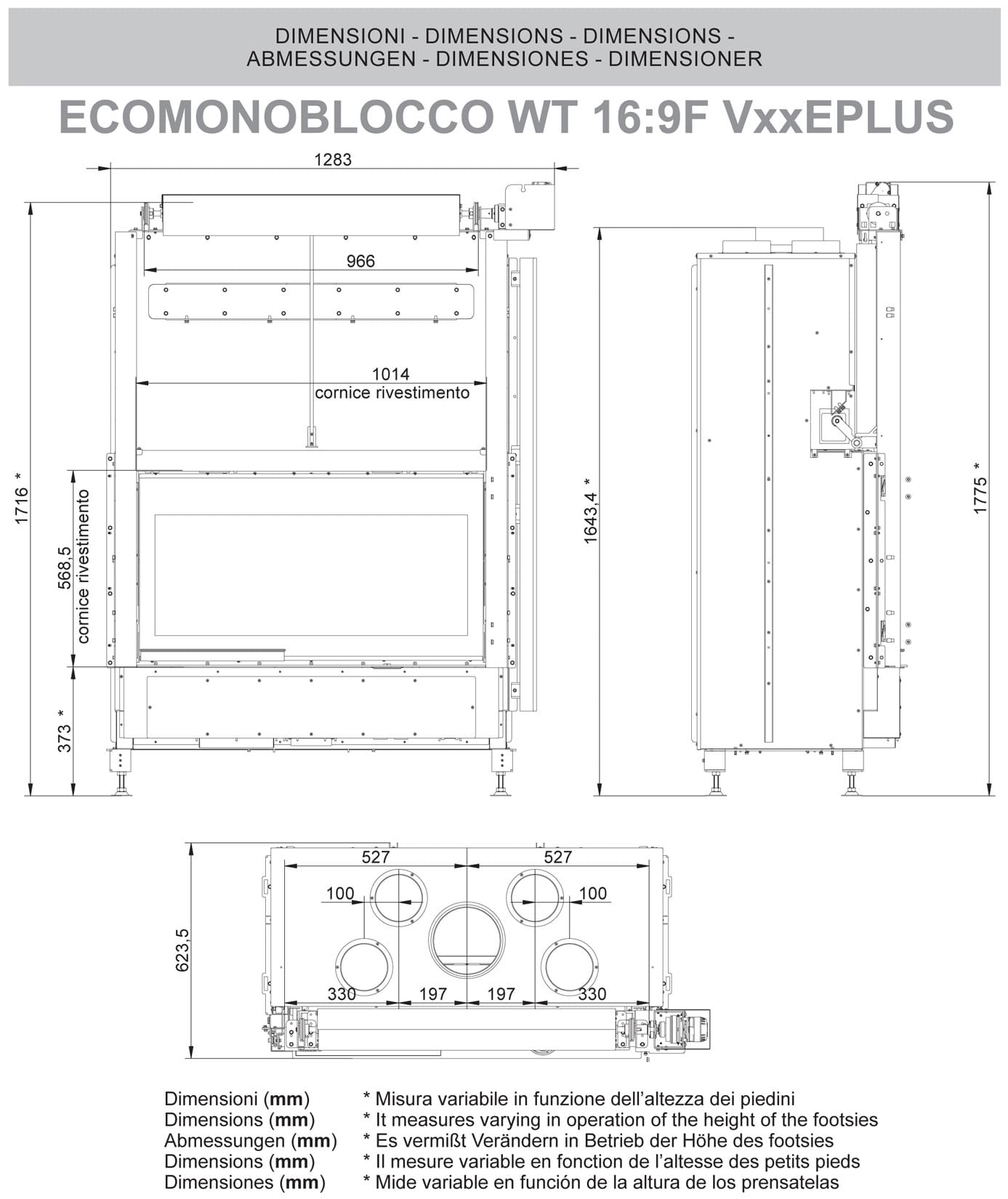 Palazzetti WT 16:9F V12 EPlus Frontale Camino Ecomonoblocco Legna Riscaldamento Aria Calda Ventilata Canalizzata Potenza 14,2 Kw Apertura Porta Scorrimento Ribalta Motorizzata Focolare Refrattario O2ring Portalegna Comburente Esterno Misura 116x63x172 cm