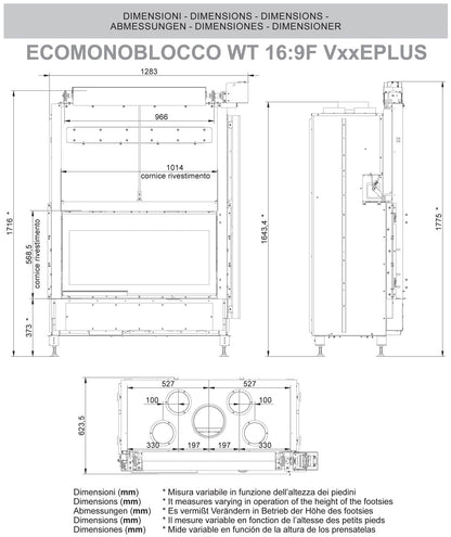 Palazzetti WT 16:9F V12 EPlus Frontale Camino Ecomonoblocco Legna Riscaldamento Aria Calda Ventilata Canalizzata Potenza 14,2 Kw Apertura Porta Scorrimento Ribalta Motorizzata Focolare Refrattario O2ring Portalegna Comburente Esterno Misura 116x63x172 cm