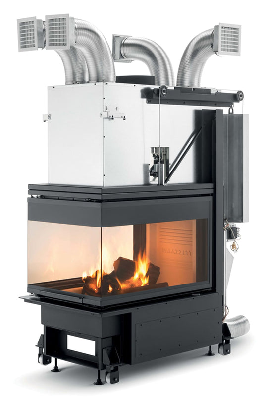 Palazzetti WT 60 3D V16 Camino Ecomonoblocco Legna Riscaldamento Aria Calda Ventilata Canalizzata Potenza 21,2 Kw Porta Vetro Tridimensionale 3 Lati Focolare Refrattario Thermofix Doppia Combustione Portalegna Cassetto Cenere O2RING Misura 68x130x164 cm