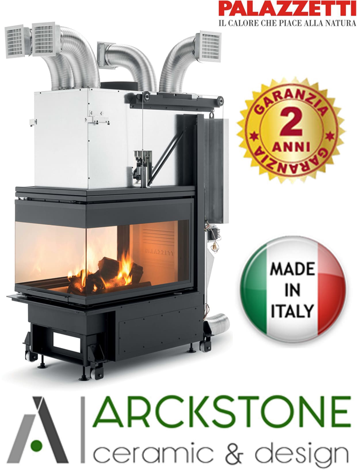 Palazzetti WT 60 3D N16 Camino Ecomonoblocco Legna Aria Calda Convezione Circolazione Naturale Riscaldamento Irraggiamento Potenza 21,2Kw Vetro Tridimensionale 3 Lati Focolare Refrattario Thermofix Doppia Combustione Portalegna O2RING Misura 68x130x164 cm