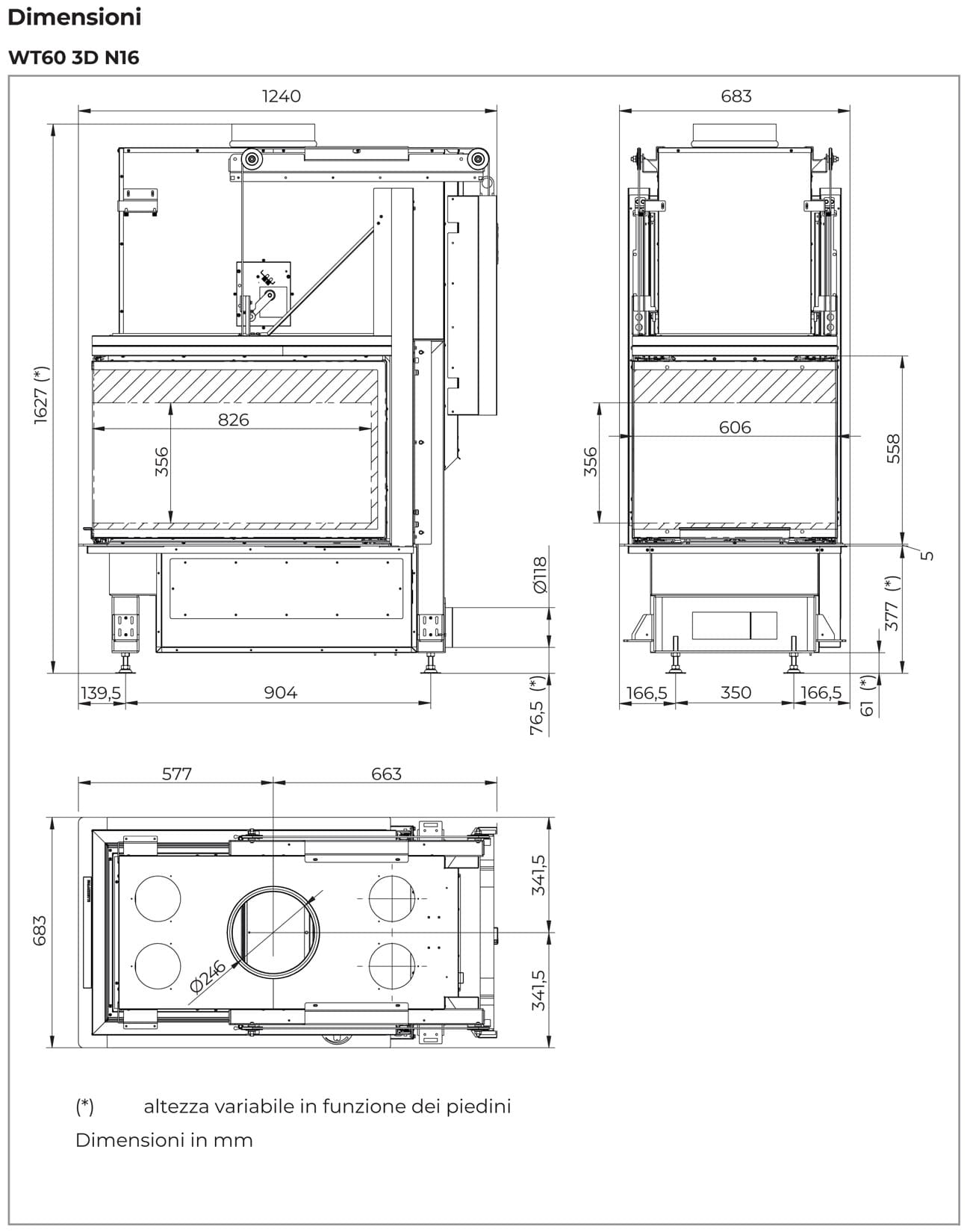 Palazzetti WT 60 3D N16 Camino Ecomonoblocco Legna Aria Calda Convezione Circolazione Naturale Riscaldamento Irraggiamento Potenza 21,2Kw Vetro Tridimensionale 3 Lati Focolare Refrattario Thermofix Doppia Combustione Portalegna O2RING Misura 68x130x164 cm