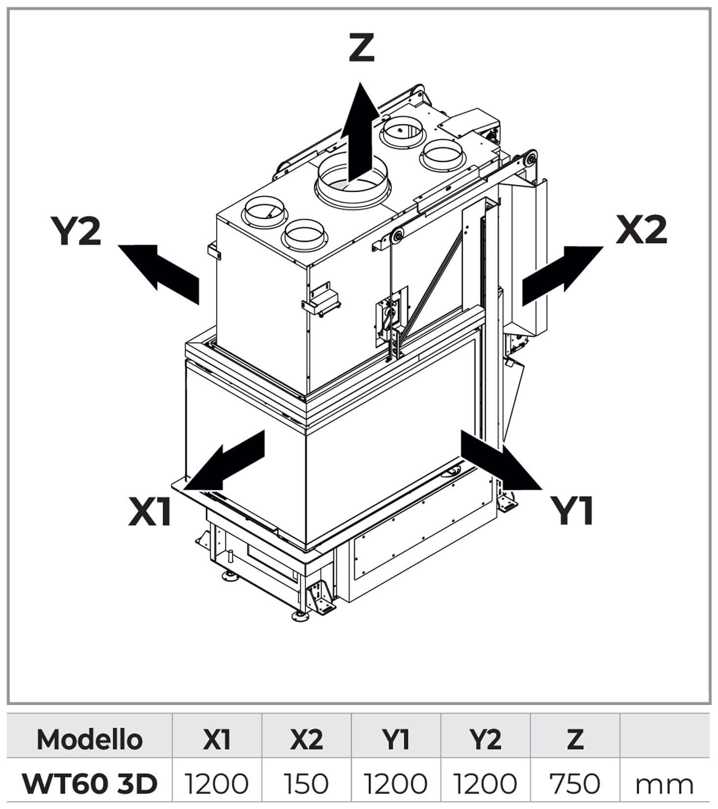 Palazzetti WT 60 3D V16 EPlus Camino Eco Monoblocco Legna Riscaldamento Aria Calda Ventilata Canalizzata Potenza 21,2 Kw Apertura Porta Motorizzata Vetro Tridimensionale 3 Lati Focolare Refrattario Doppia Combustione Portalegna O2RING Misura 68x130x164 cm