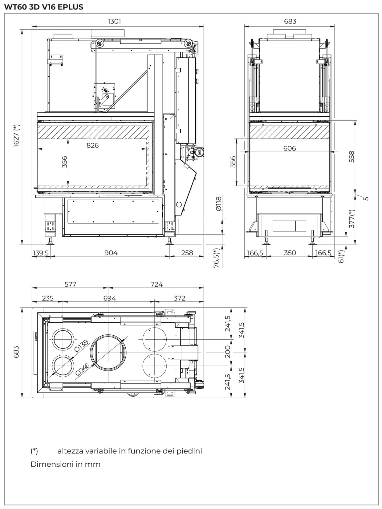 Palazzetti WT 60 3D V16 EPlus Camino Eco Monoblocco Legna Riscaldamento Aria Calda Ventilata Canalizzata Potenza 21,2 Kw Apertura Porta Motorizzata Vetro Tridimensionale 3 Lati Focolare Refrattario Doppia Combustione Portalegna O2RING Misura 68x130x164 cm