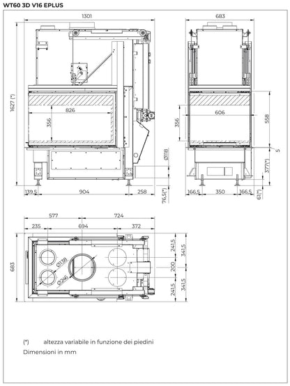 Palazzetti WT 60 3D V16 EPlus Camino Eco Monoblocco Legna Riscaldamento Aria Calda Ventilata Canalizzata Potenza 21,2 Kw Apertura Porta Motorizzata Vetro Tridimensionale 3 Lati Focolare Refrattario Doppia Combustione Portalegna O2RING Misura 68x130x164 cm