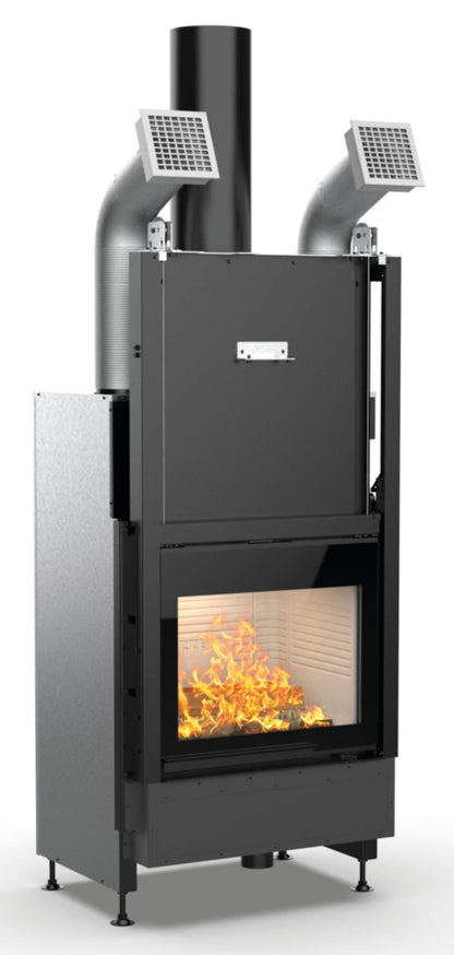 Palazzetti Ecomonoblocco WTX 70F N15 Frontale Camino Legna Riscalda Aria Calda Convezione Naturale Irraggiamento Canalizzabile Potenza 14,7 Kw Focolare Refrattario Thermofix® Anta Scorrevole Vetro Ribalta Bocchette Prolunga Cassetto Cenere L77xP61xH171 cm