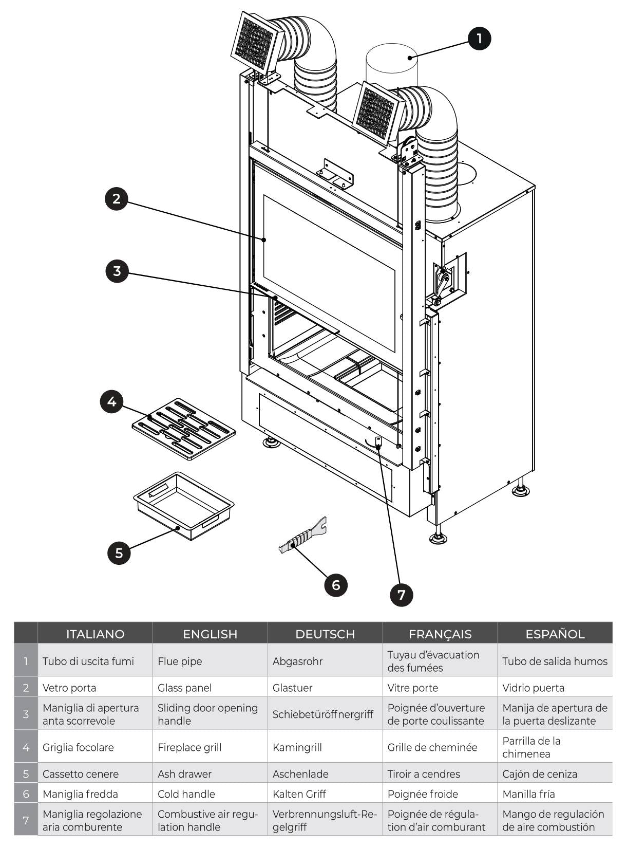 Palazzetti Ecomonoblocco WTX 70F N15 Frontale Camino Legna Riscalda Aria Calda Convezione Naturale Irraggiamento Canalizzabile Potenza 14,7 Kw Focolare Refrattario Thermofix® Anta Scorrevole Vetro Ribalta Bocchette Prolunga Cassetto Cenere L77xP61xH171 cm